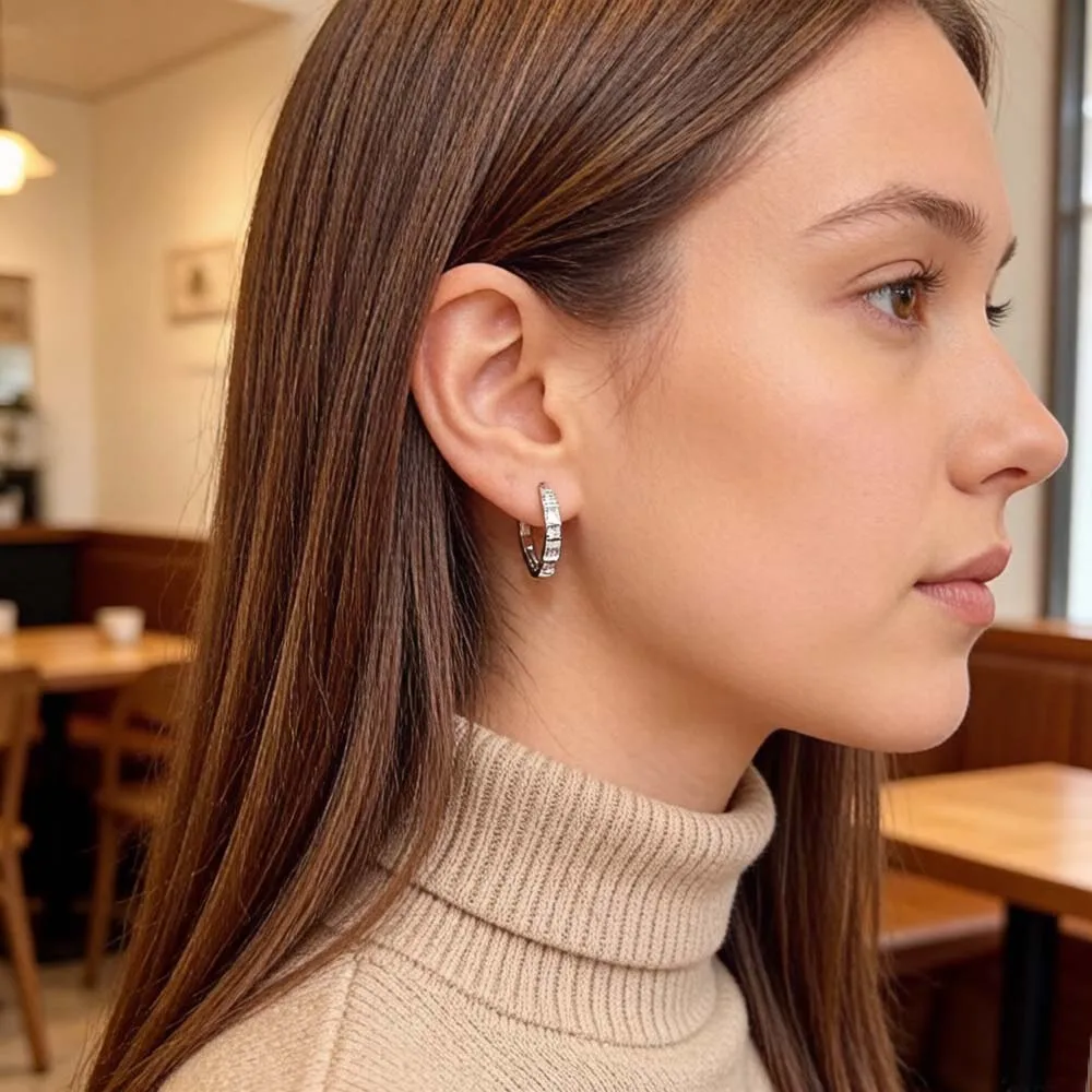 White Zircon Creole Hinged Hoop Earrings Europe Fine Jewelry For Women Gift In Real 925 Sterling Silver