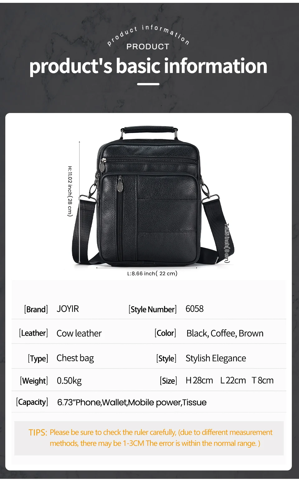JOYIR Genuine Leather Men Messenger Sling Bag Satchel Bags for Male Multifunction Shoulder Bags Casual Crossbody Bag Handbag