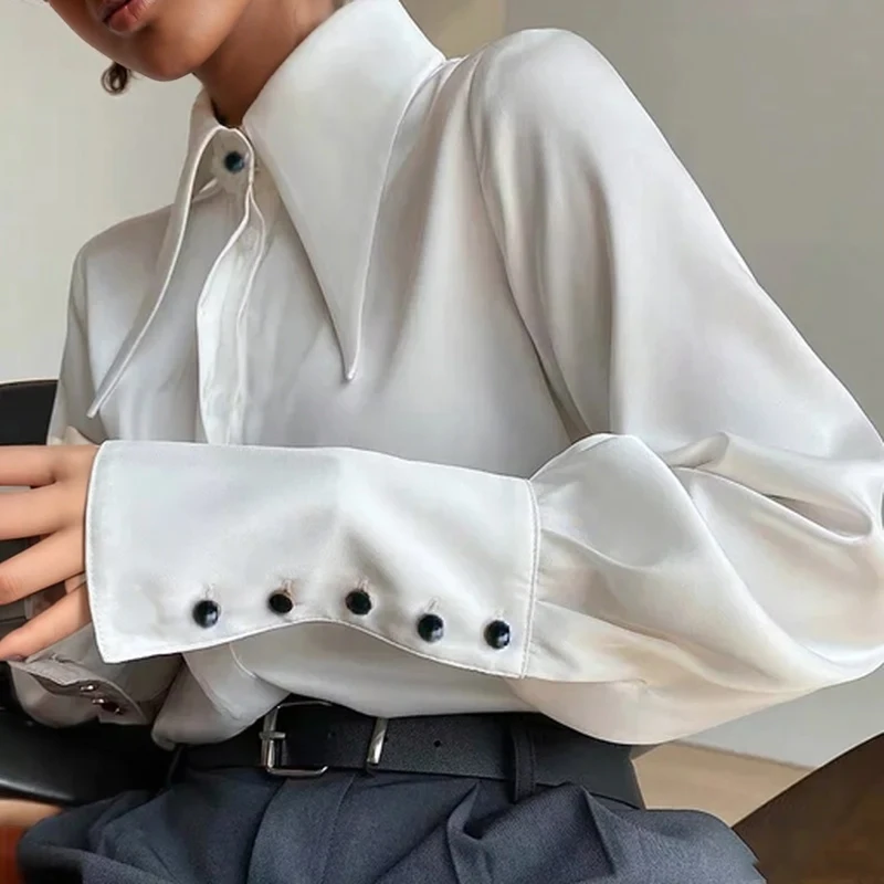 Fashion Vintage Satin Silk Shirt Women Elegant Turn Down Collar Women Blouse White Long Sleeve Ladies Shirts Tops Blusas 16946