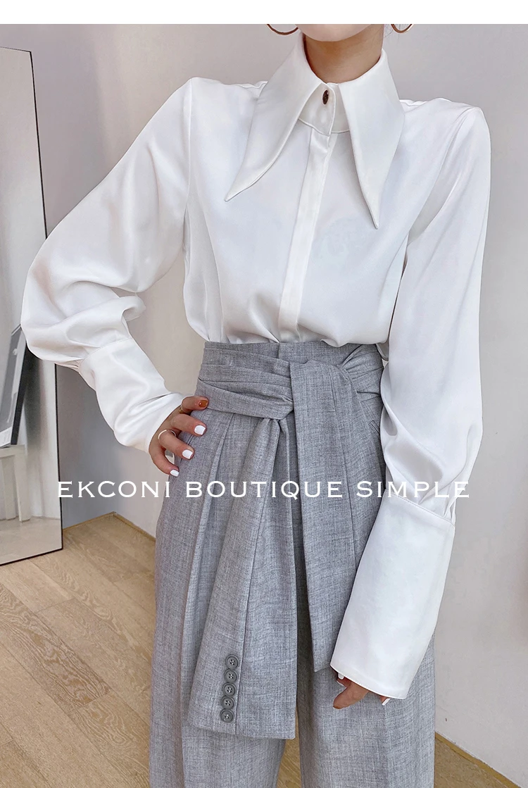 Fashion Vintage Satin Silk Shirt Women Elegant Turn Down Collar Women Blouse White Long Sleeve Ladies Shirts Tops Blusas 16946