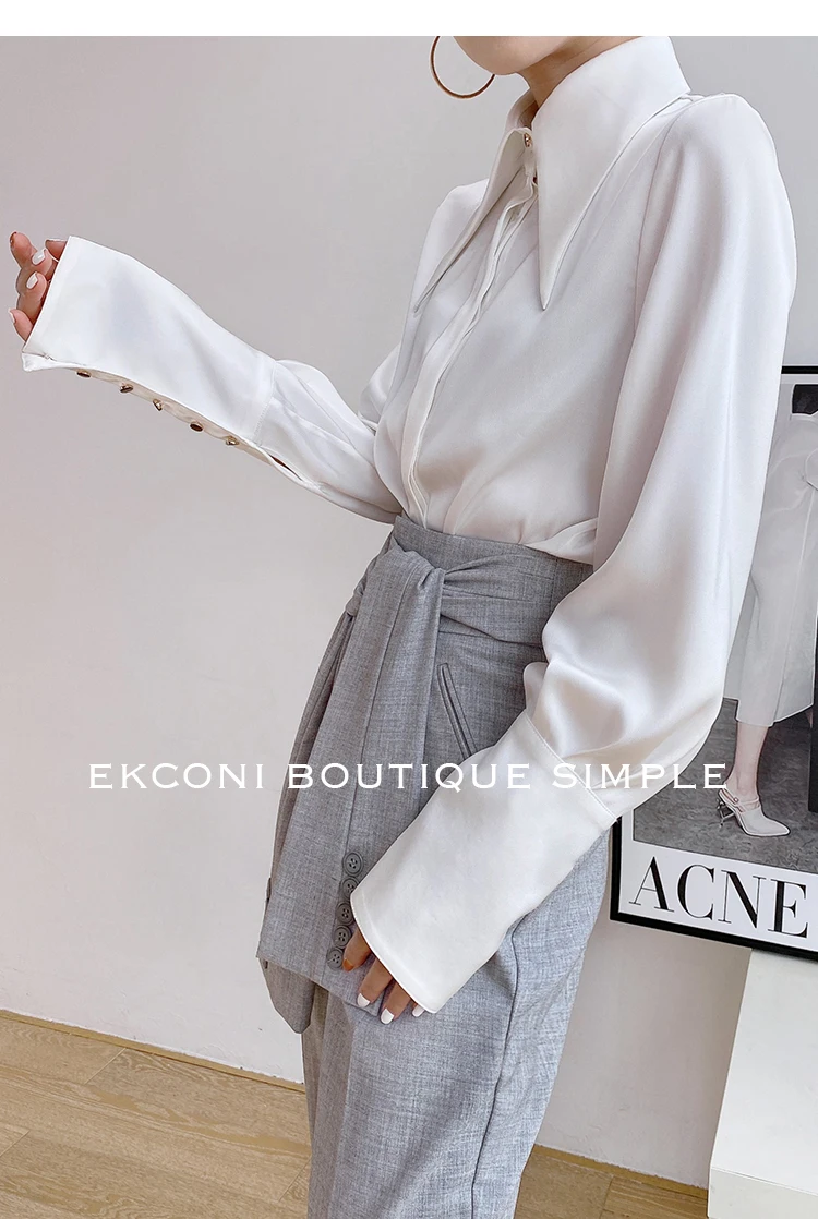 Fashion Vintage Satin Silk Shirt Women Elegant Turn Down Collar Women Blouse White Long Sleeve Ladies Shirts Tops Blusas 16946
