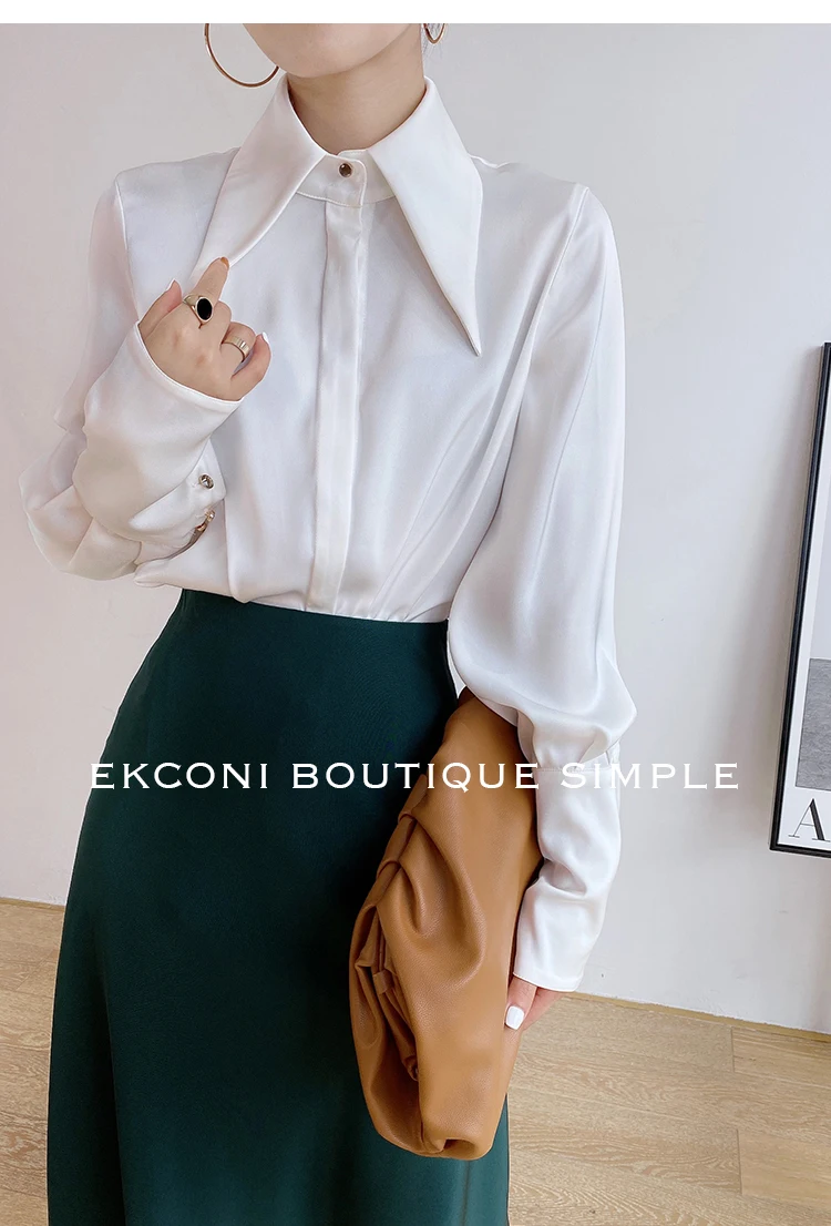 Fashion Vintage Satin Silk Shirt Women Elegant Turn Down Collar Women Blouse White Long Sleeve Ladies Shirts Tops Blusas 16946