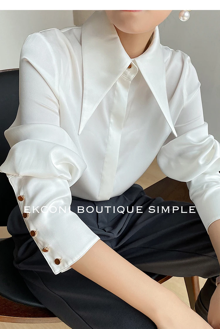 Fashion Vintage Satin Silk Shirt Women Elegant Turn Down Collar Women Blouse White Long Sleeve Ladies Shirts Tops Blusas 16946
