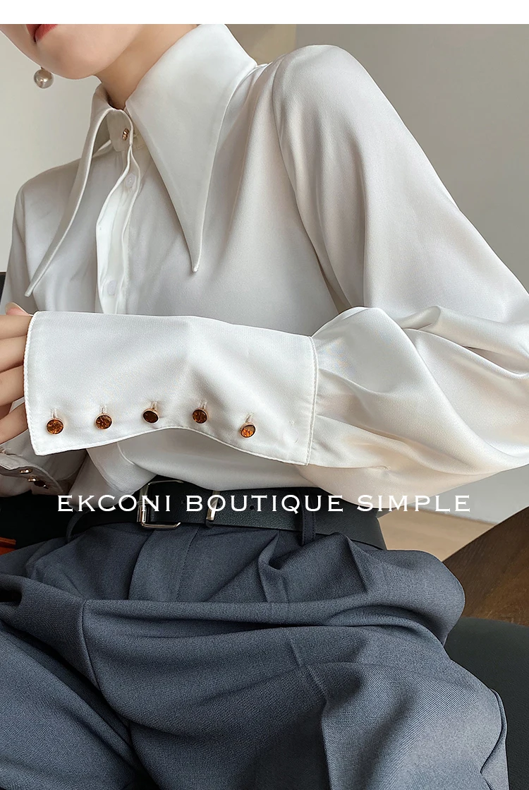 Fashion Vintage Satin Silk Shirt Women Elegant Turn Down Collar Women Blouse White Long Sleeve Ladies Shirts Tops Blusas 16946