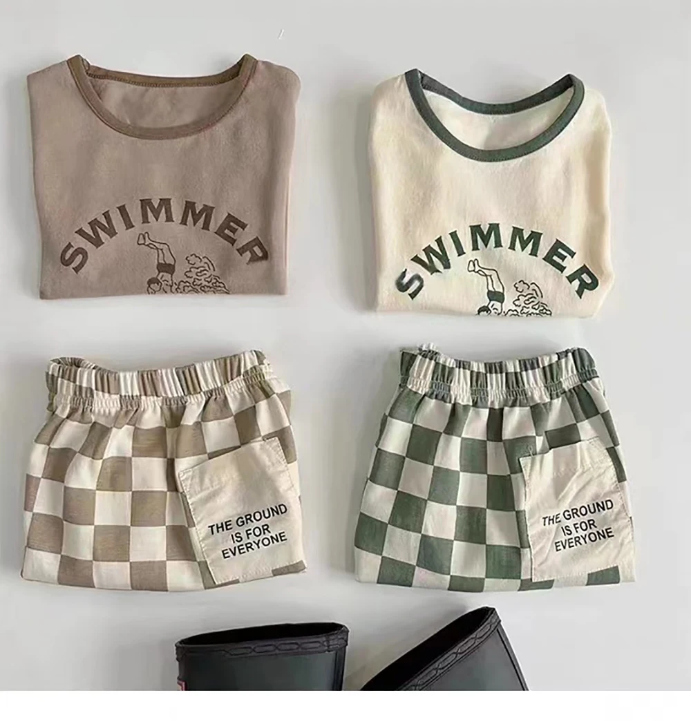 Summer Suit New American Baby Suit TZ230137 Short Sleeve Plaid Shorts Thin Two-Piece Suit
