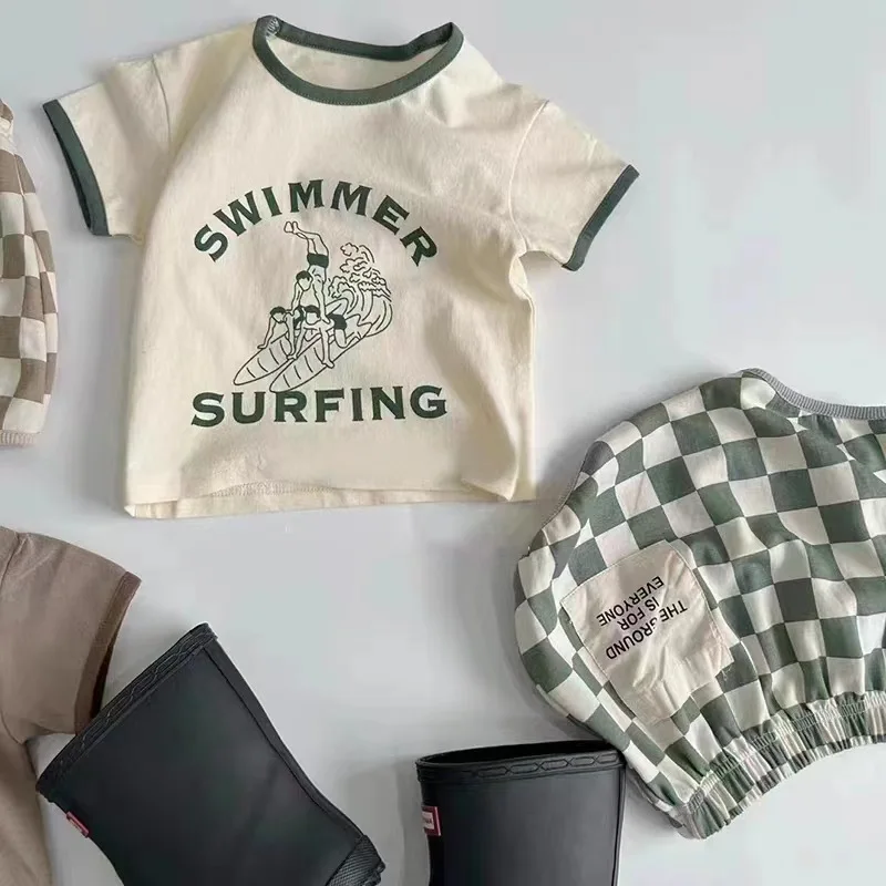 Summer Suit New American Baby Suit TZ230137 Short Sleeve Plaid Shorts Thin Two-Piece Suit