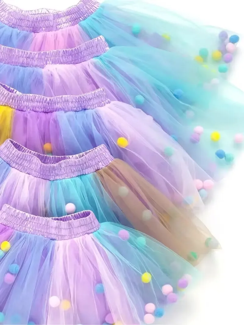 2024 New Arrival Infant Mulity Colorful Tulle Tutu Skirt Pom Pom Princess Mini Dress Children Clothing Pettiskirt Girl Clothes