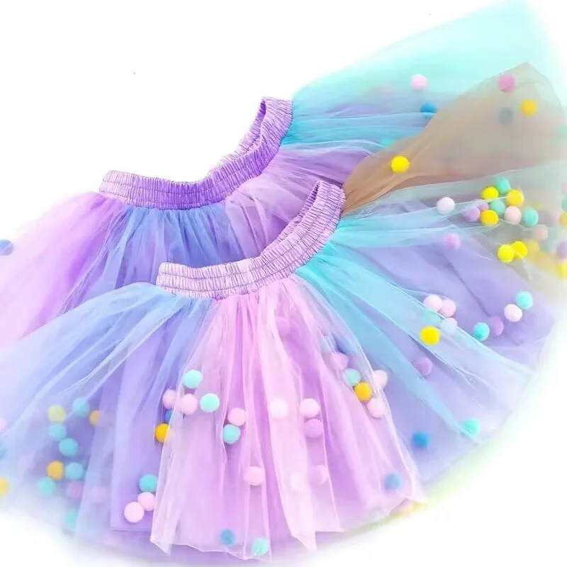 2024 New Arrival Infant Mulity Colorful Tulle Tutu Skirt Pom Pom Princess Mini Dress Children Clothing Pettiskirt Girl Clothes