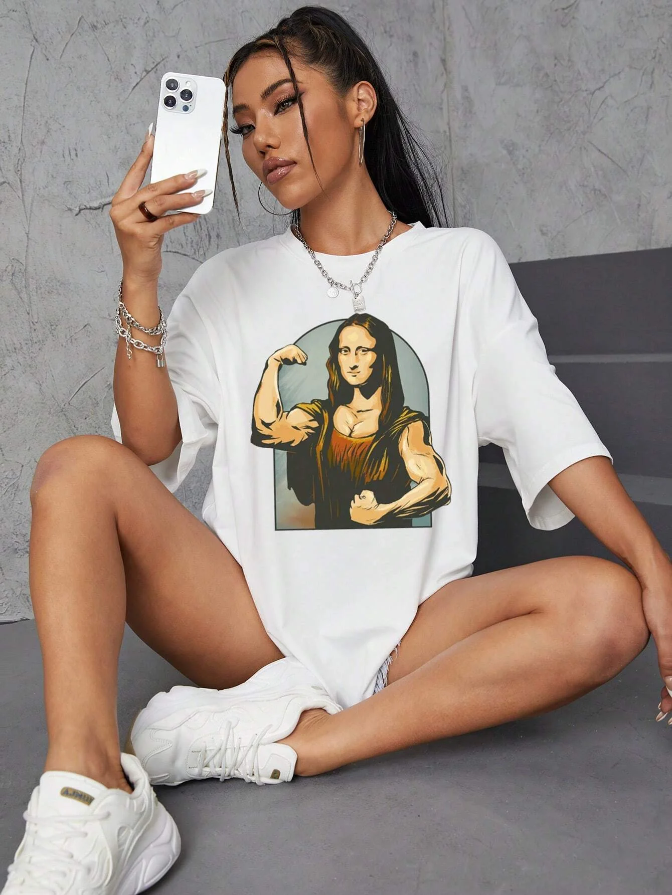 Playing Pranks On Mona Lisa Fitness Print Womens T Shirt Oversized Casual T-Shirt Casual Short Sleeve Cotton Loose Tshirt
