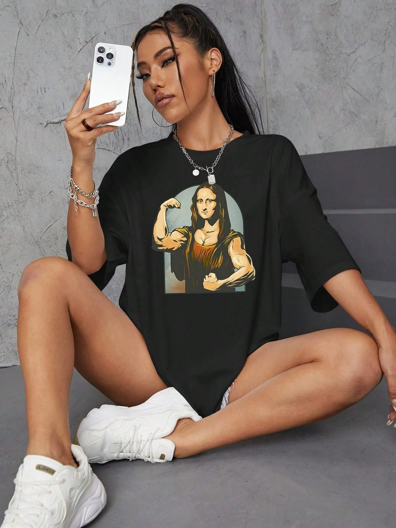 Playing Pranks On Mona Lisa Fitness Print Womens T Shirt Oversized Casual T-Shirt Casual Short Sleeve Cotton Loose Tshirt