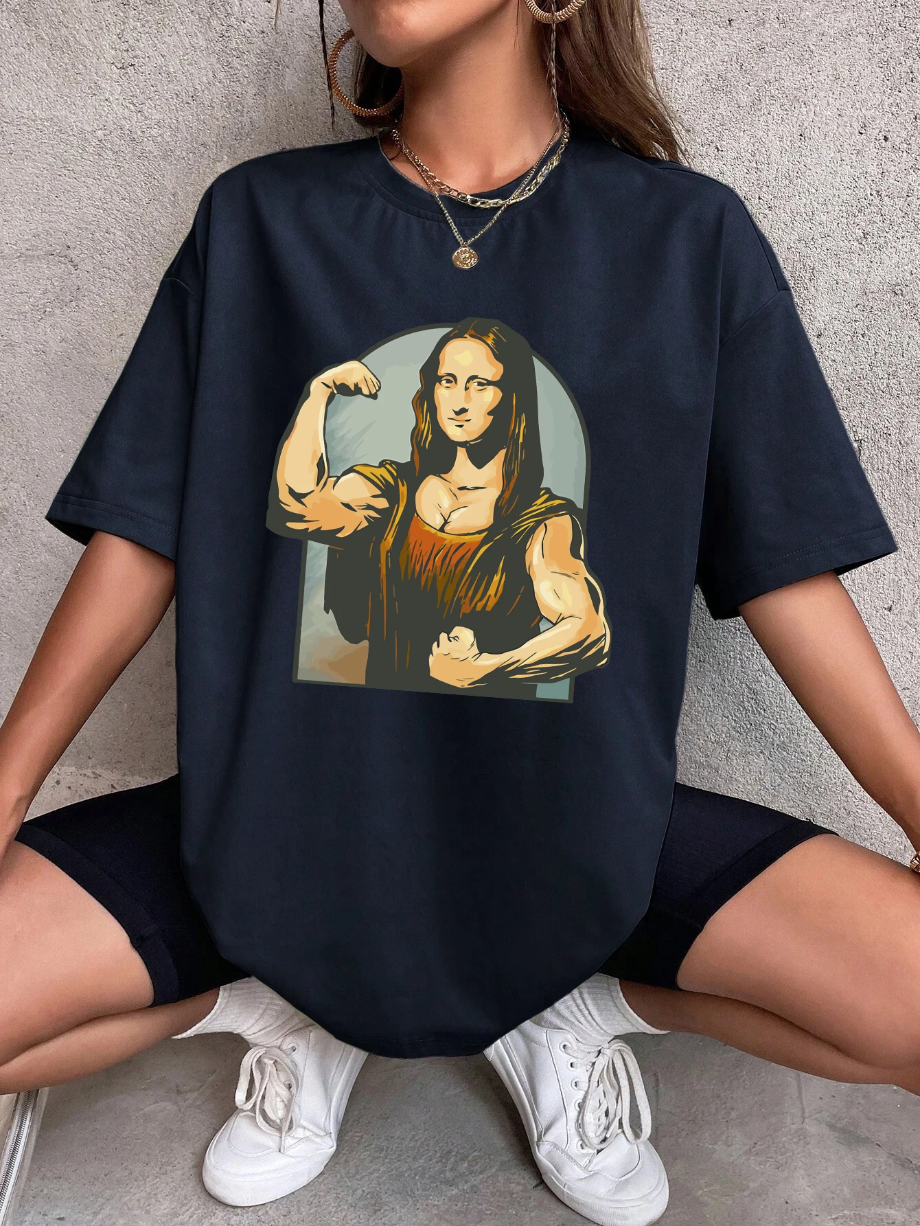 Playing Pranks On Mona Lisa Fitness Print Womens T Shirt Oversized Casual T-Shirt Casual Short Sleeve Cotton Loose Tshirt