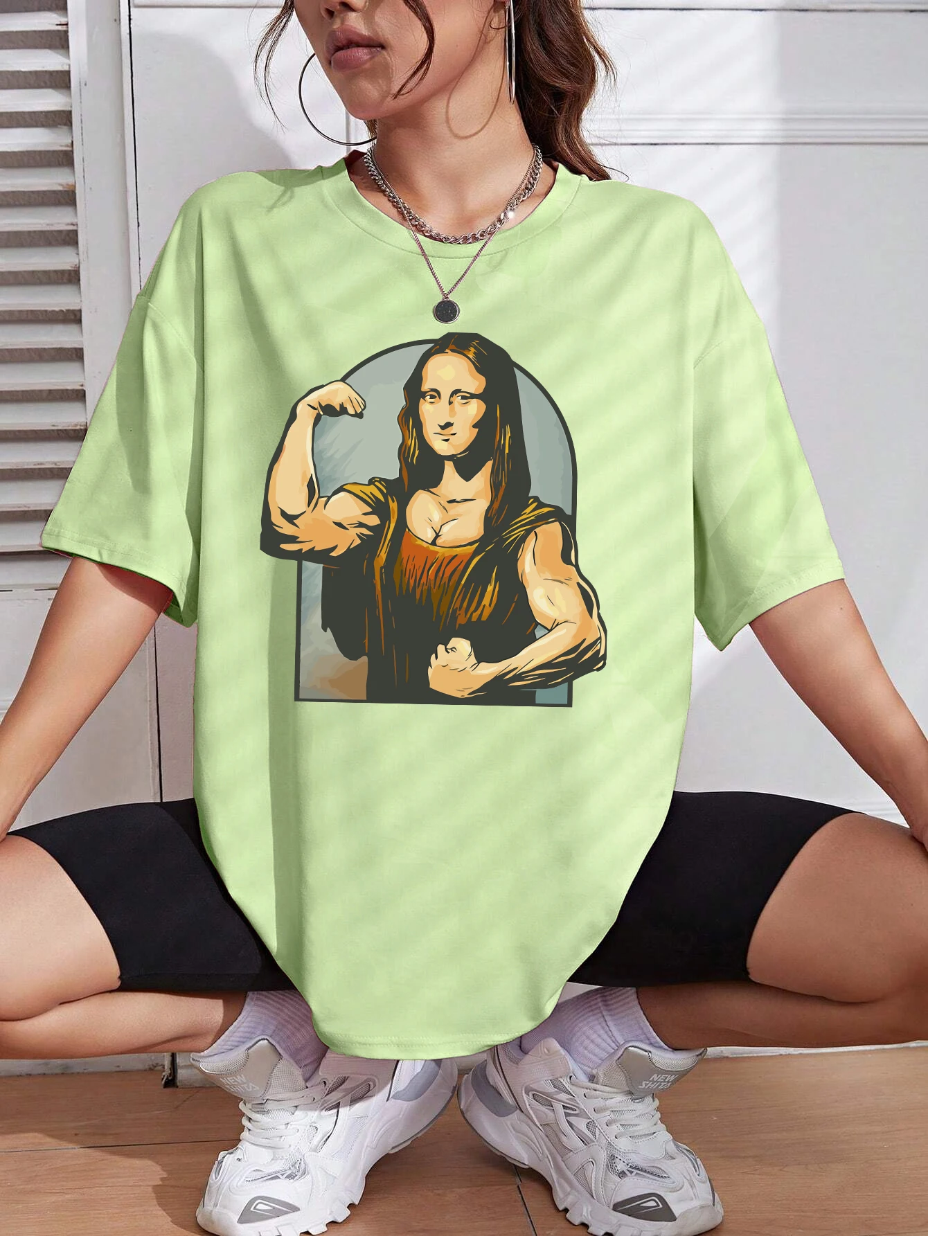 Playing Pranks On Mona Lisa Fitness Print Womens T Shirt Oversized Casual T-Shirt Casual Short Sleeve Cotton Loose Tshirt