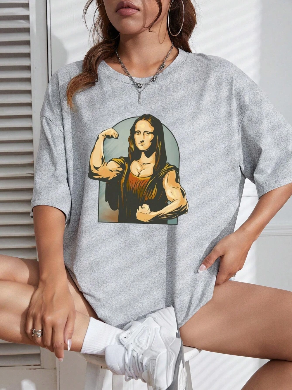Playing Pranks On Mona Lisa Fitness Print Womens T Shirt Oversized Casual T-Shirt Casual Short Sleeve Cotton Loose Tshirt