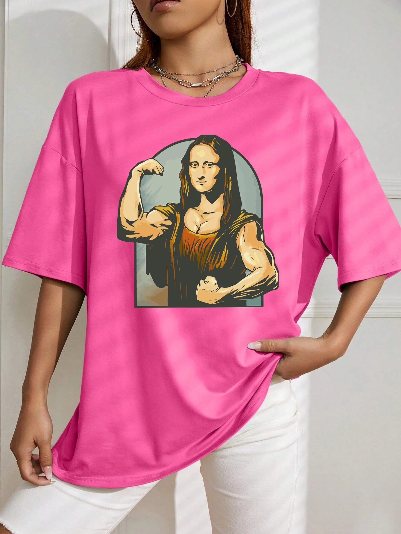 Playing Pranks On Mona Lisa Fitness Print Womens T Shirt Oversized Casual T-Shirt Casual Short Sleeve Cotton Loose Tshirt
