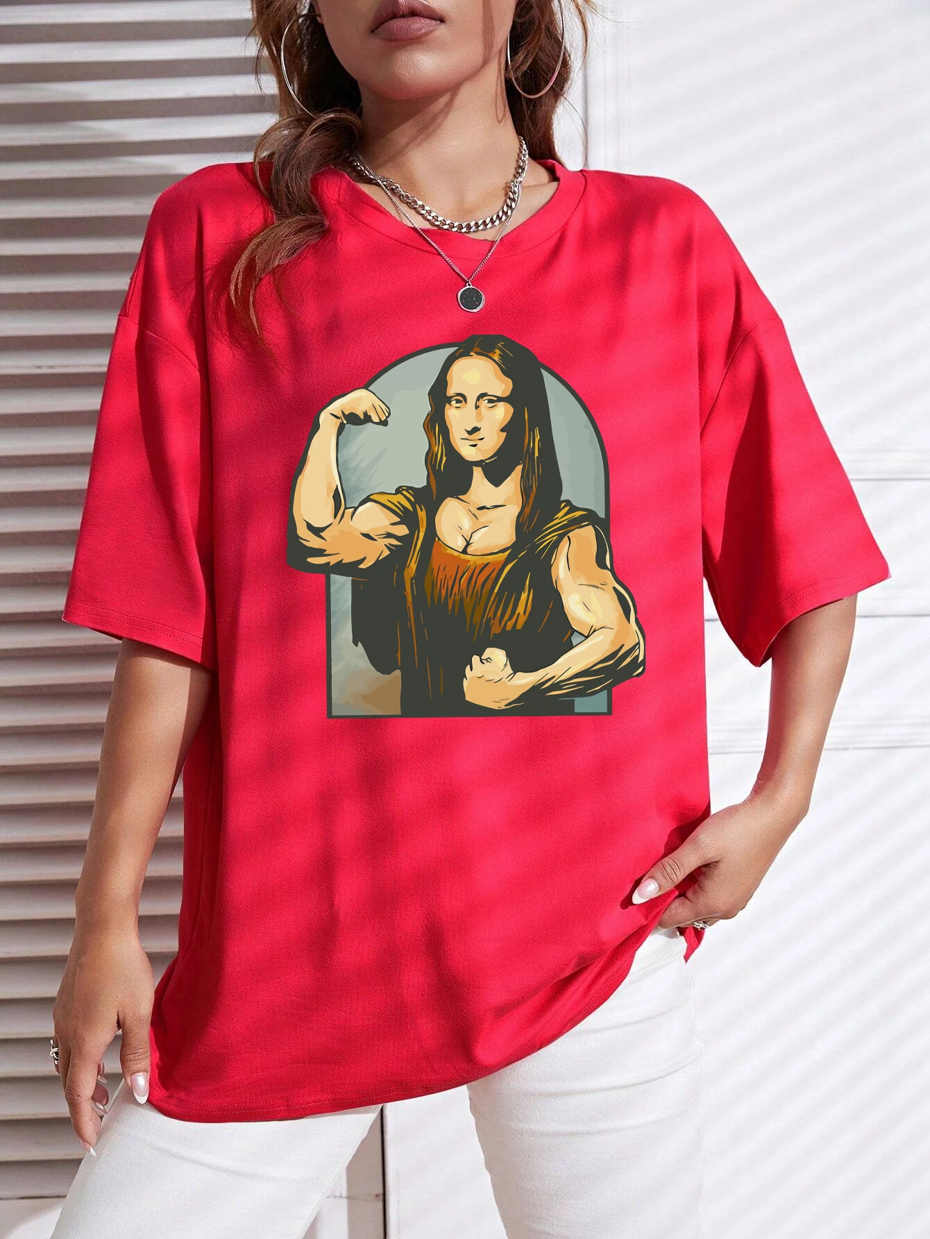 Playing Pranks On Mona Lisa Fitness Print Womens T Shirt Oversized Casual T-Shirt Casual Short Sleeve Cotton Loose Tshirt