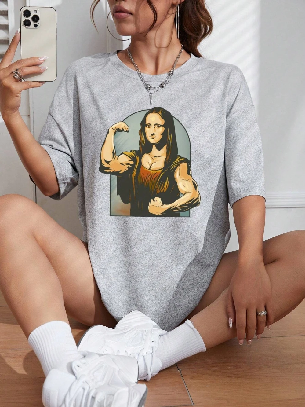Playing Pranks On Mona Lisa Fitness Print Womens T Shirt Oversized Casual T-Shirt Casual Short Sleeve Cotton Loose Tshirt
