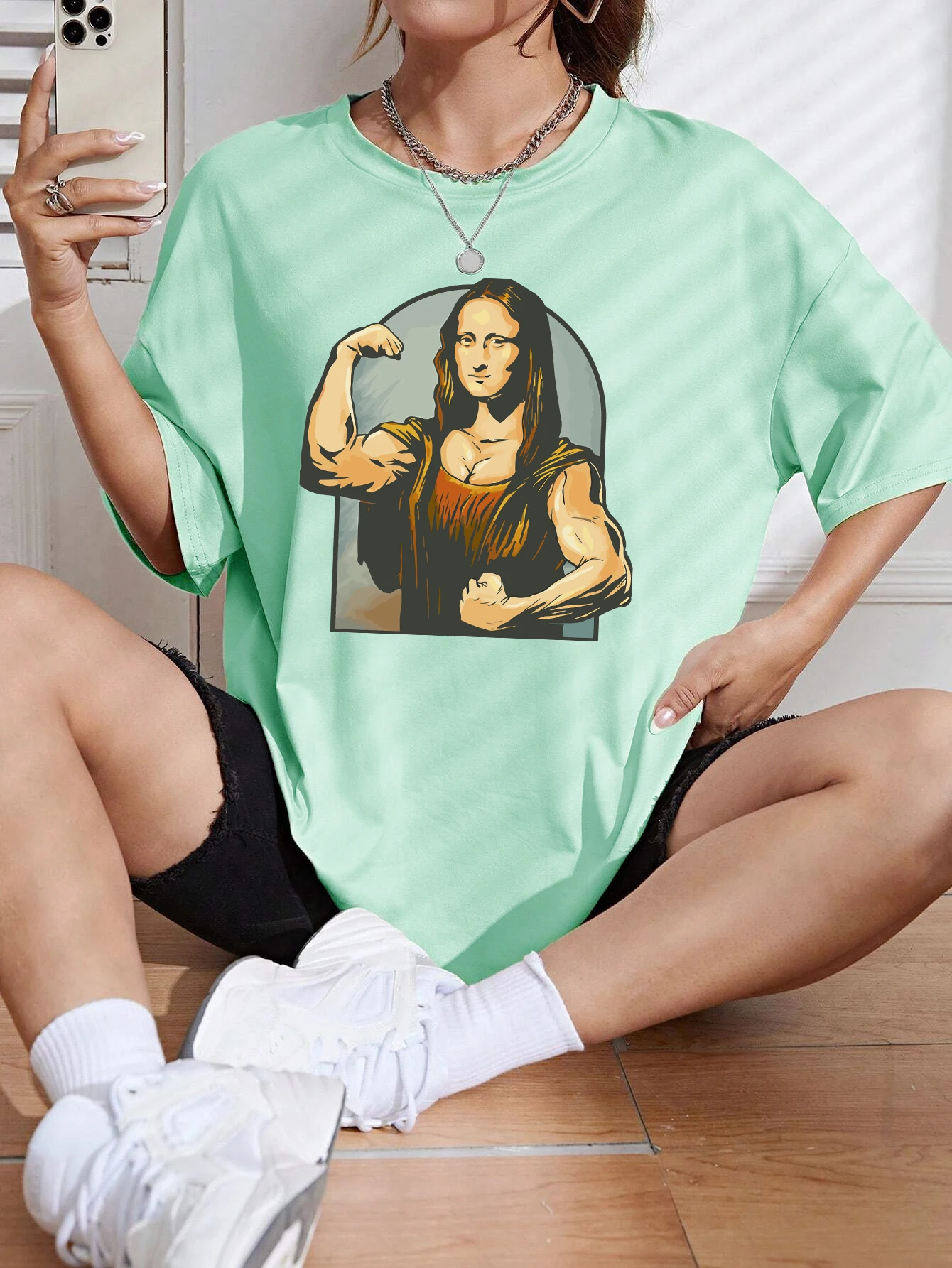 Playing Pranks On Mona Lisa Fitness Print Womens T Shirt Oversized Casual T-Shirt Casual Short Sleeve Cotton Loose Tshirt