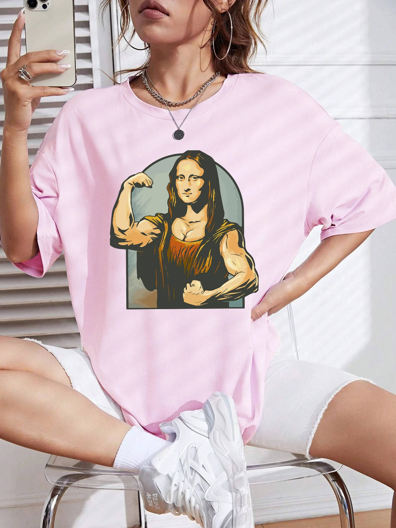Playing Pranks On Mona Lisa Fitness Print Womens T Shirt Oversized Casual T-Shirt Casual Short Sleeve Cotton Loose Tshirt