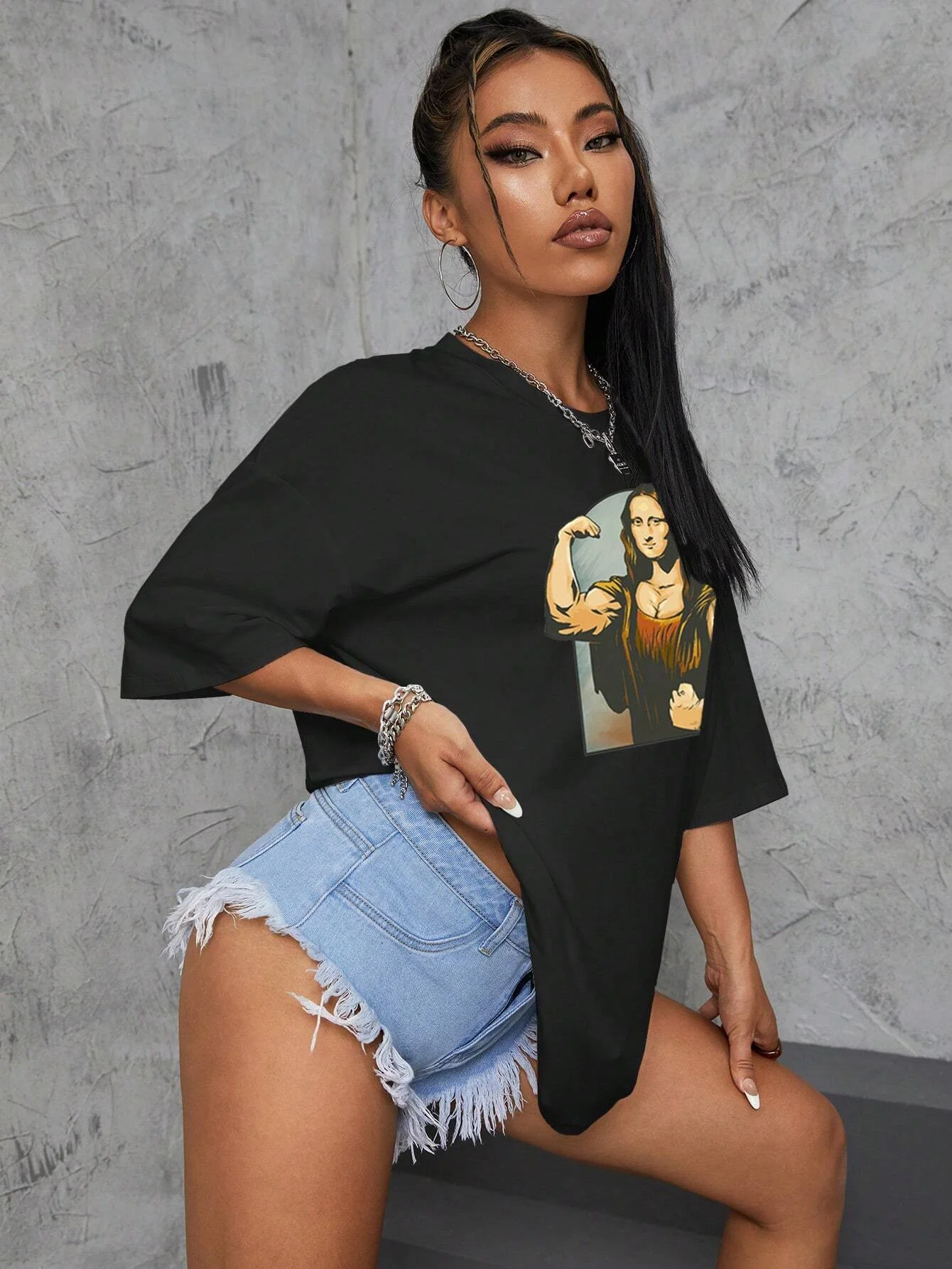 Playing Pranks On Mona Lisa Fitness Print Womens T Shirt Oversized Casual T-Shirt Casual Short Sleeve Cotton Loose Tshirt