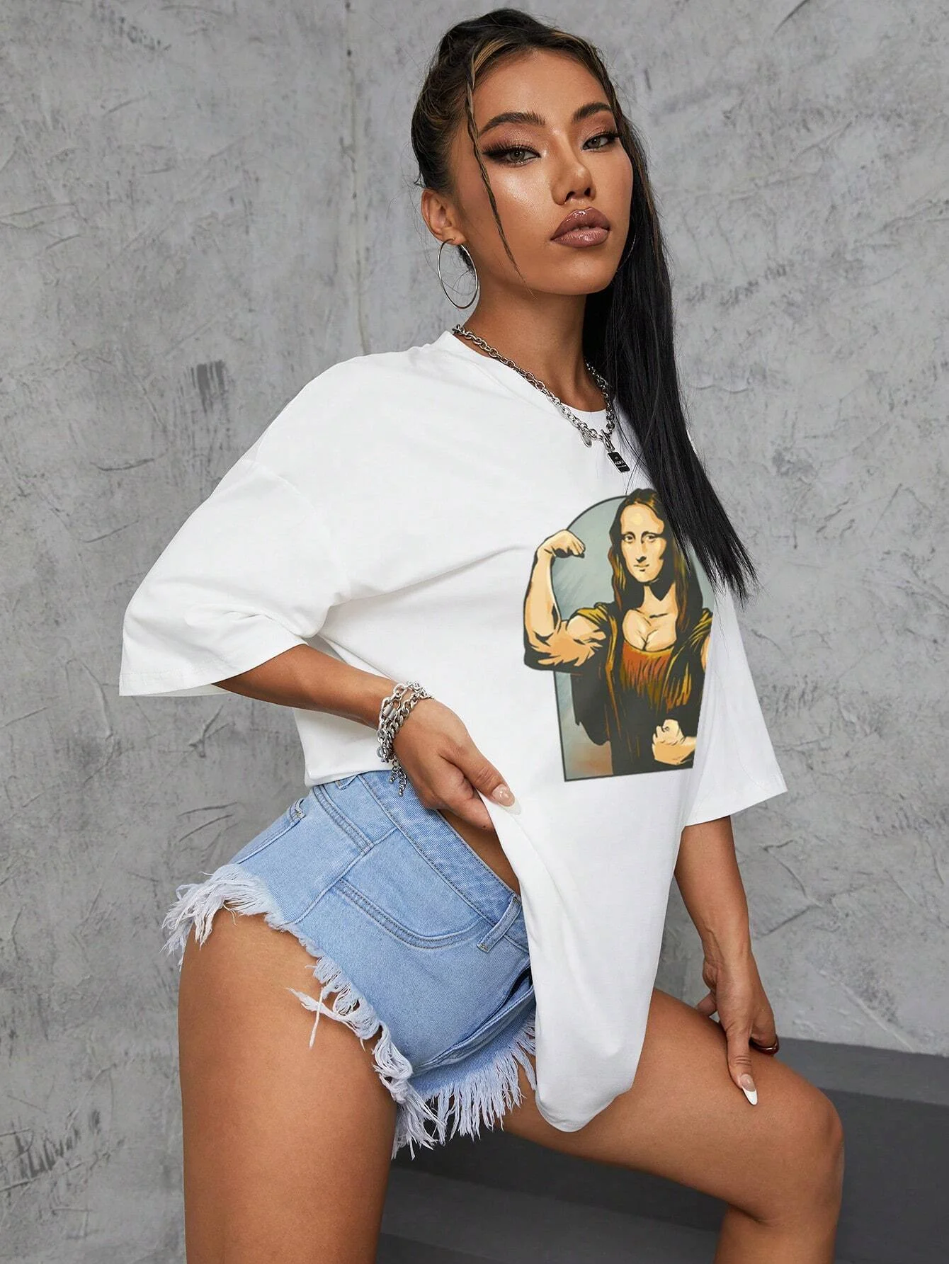 Playing Pranks On Mona Lisa Fitness Print Womens T Shirt Oversized Casual T-Shirt Casual Short Sleeve Cotton Loose Tshirt