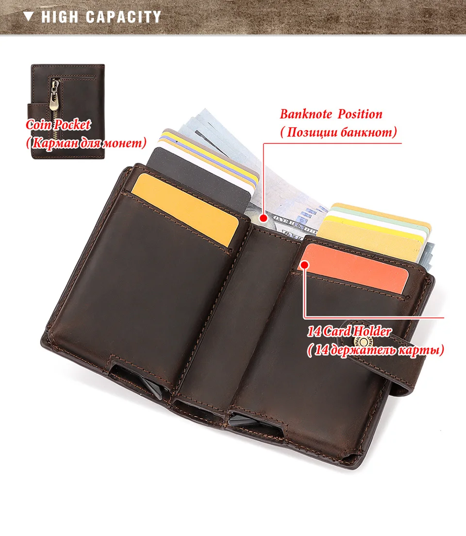Crazy Horse Leather RFID Credit Card Holder Mens Double Anti Rfid Bank Cardholder Case Wallet Metal Business Minimalist Purse