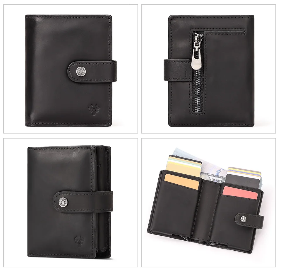 Crazy Horse Leather RFID Credit Card Holder Mens Double Anti Rfid Bank Cardholder Case Wallet Metal Business Minimalist Purse