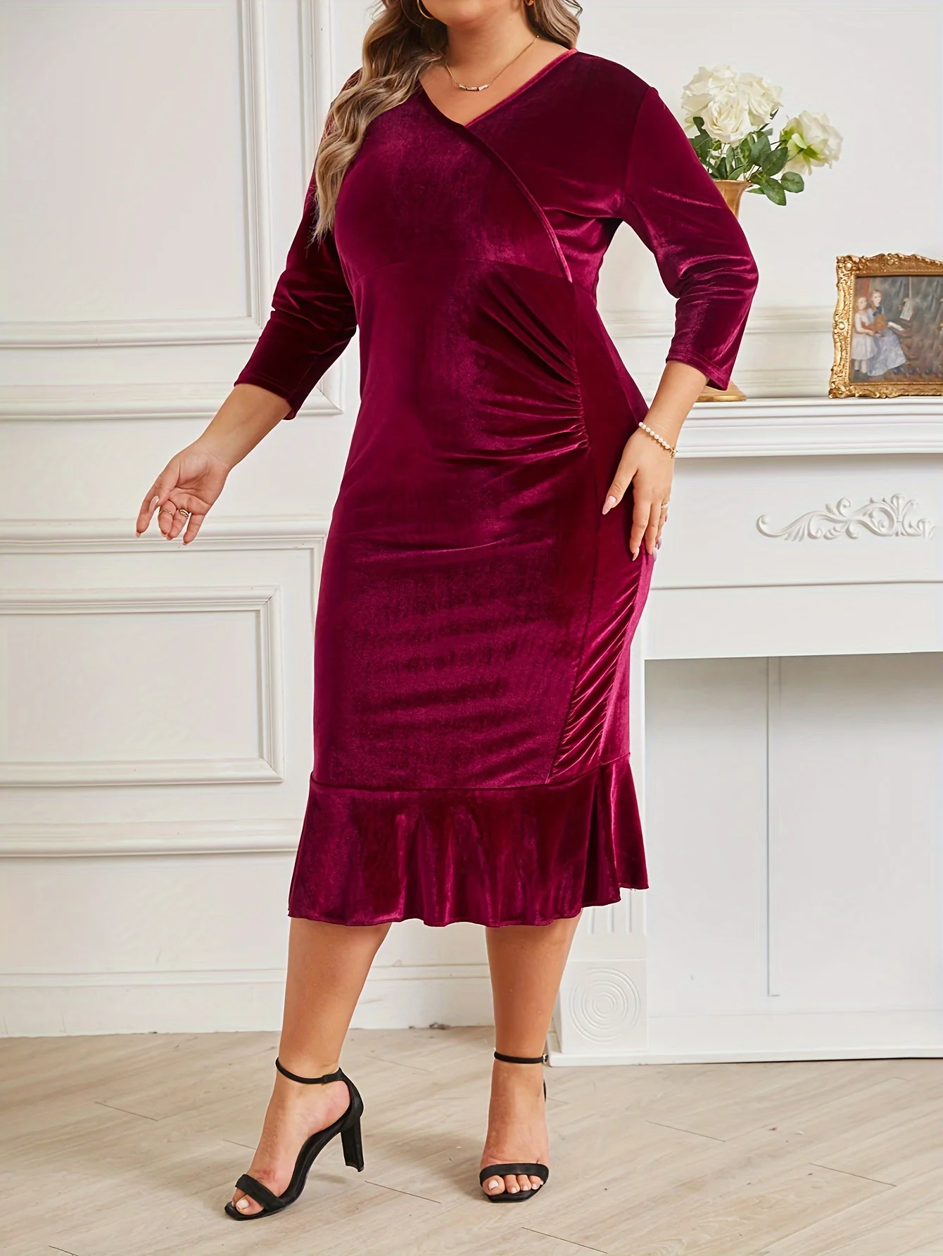 Elegant Plus Size Velvet Midi Dress for Women with V-Neck Three-Quarter Sleeves and Ruffled Hem Ideal for Parties and Special Oc