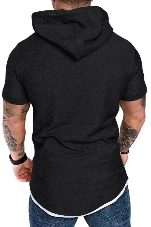 New men's summer hooded T-shirt Men's solid color top men's short sleeve T-shirt Hoodie casual fashion men's short sleeve