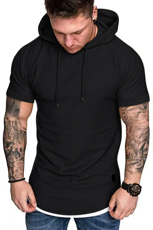 New men's summer hooded T-shirt Men's solid color top men's short sleeve T-shirt Hoodie casual fashion men's short sleeve