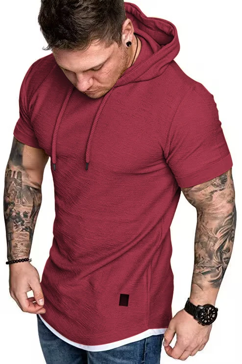 New men's summer hooded T-shirt Men's solid color top men's short sleeve T-shirt Hoodie casual fashion men's short sleeve