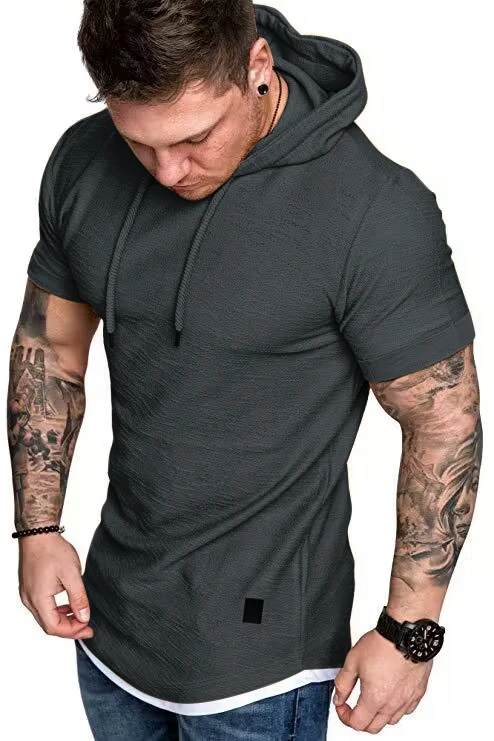 New men's summer hooded T-shirt Men's solid color top men's short sleeve T-shirt Hoodie casual fashion men's short sleeve