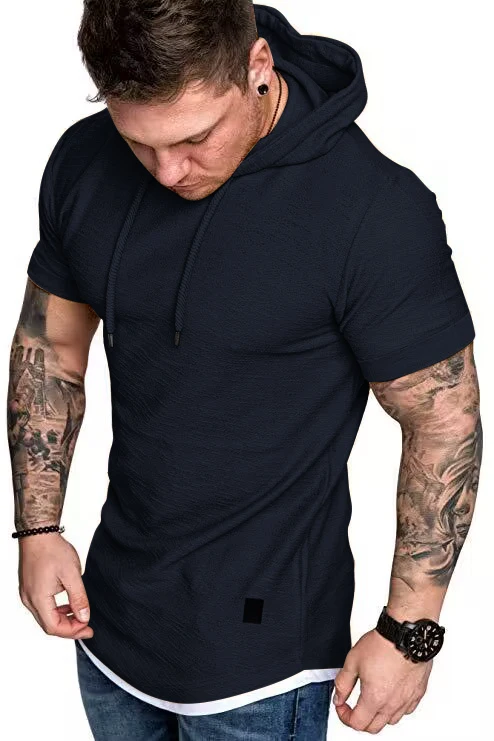 New men's summer hooded T-shirt Men's solid color top men's short sleeve T-shirt Hoodie casual fashion men's short sleeve