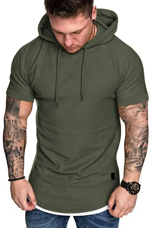 New men's summer hooded T-shirt Men's solid color top men's short sleeve T-shirt Hoodie casual fashion men's short sleeve