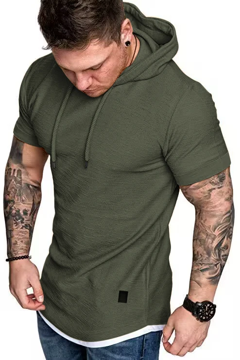 New men's summer hooded T-shirt Men's solid color top men's short sleeve T-shirt Hoodie casual fashion men's short sleeve