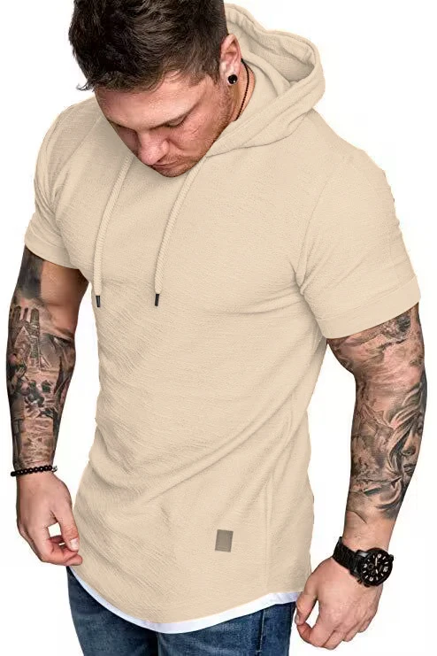 New men's summer hooded T-shirt Men's solid color top men's short sleeve T-shirt Hoodie casual fashion men's short sleeve