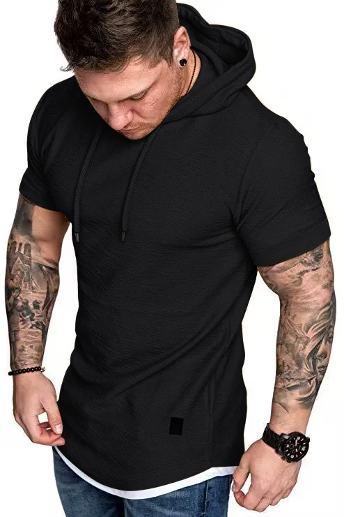 New men's summer hooded T-shirt Men's solid color top men's short sleeve T-shirt Hoodie casual fashion men's short sleeve