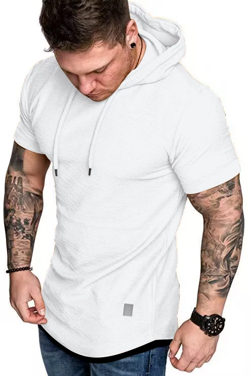 New men's summer hooded T-shirt Men's solid color top men's short sleeve T-shirt Hoodie casual fashion men's short sleeve