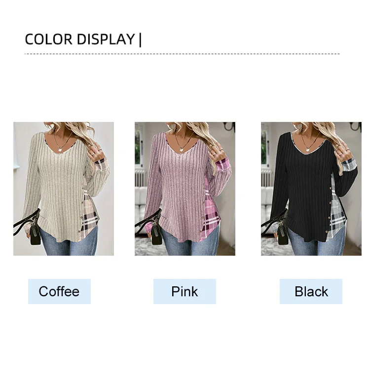 Plus Size 2025 Autumn New Casual Fashion V Neck Pit Stripe Fake Button Long Sleeve Blouse Solid Autumn Best Choice
