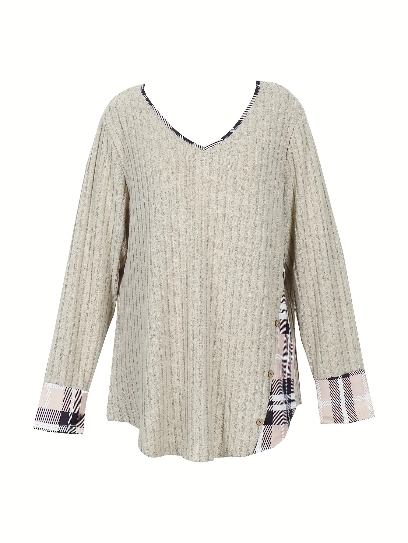 Plus Size 2025 Autumn New Casual Fashion V Neck Pit Stripe Fake Button Long Sleeve Blouse Solid Autumn Best Choice