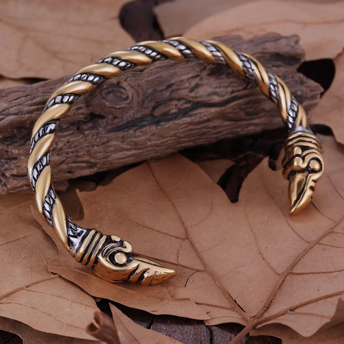 Vikings Stainless Steel Raven Head Bangle Jewelry Men's Biker Punk Hip Hop Creative Design Twist Cable Opening Bracelet