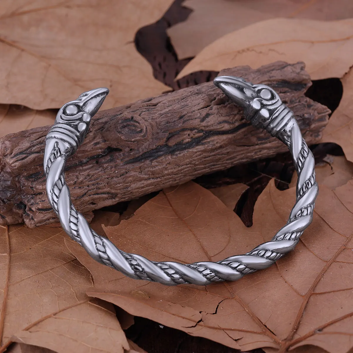 Vikings Stainless Steel Raven Head Bangle Jewelry Men's Biker Punk Hip Hop Creative Design Twist Cable Opening Bracelet