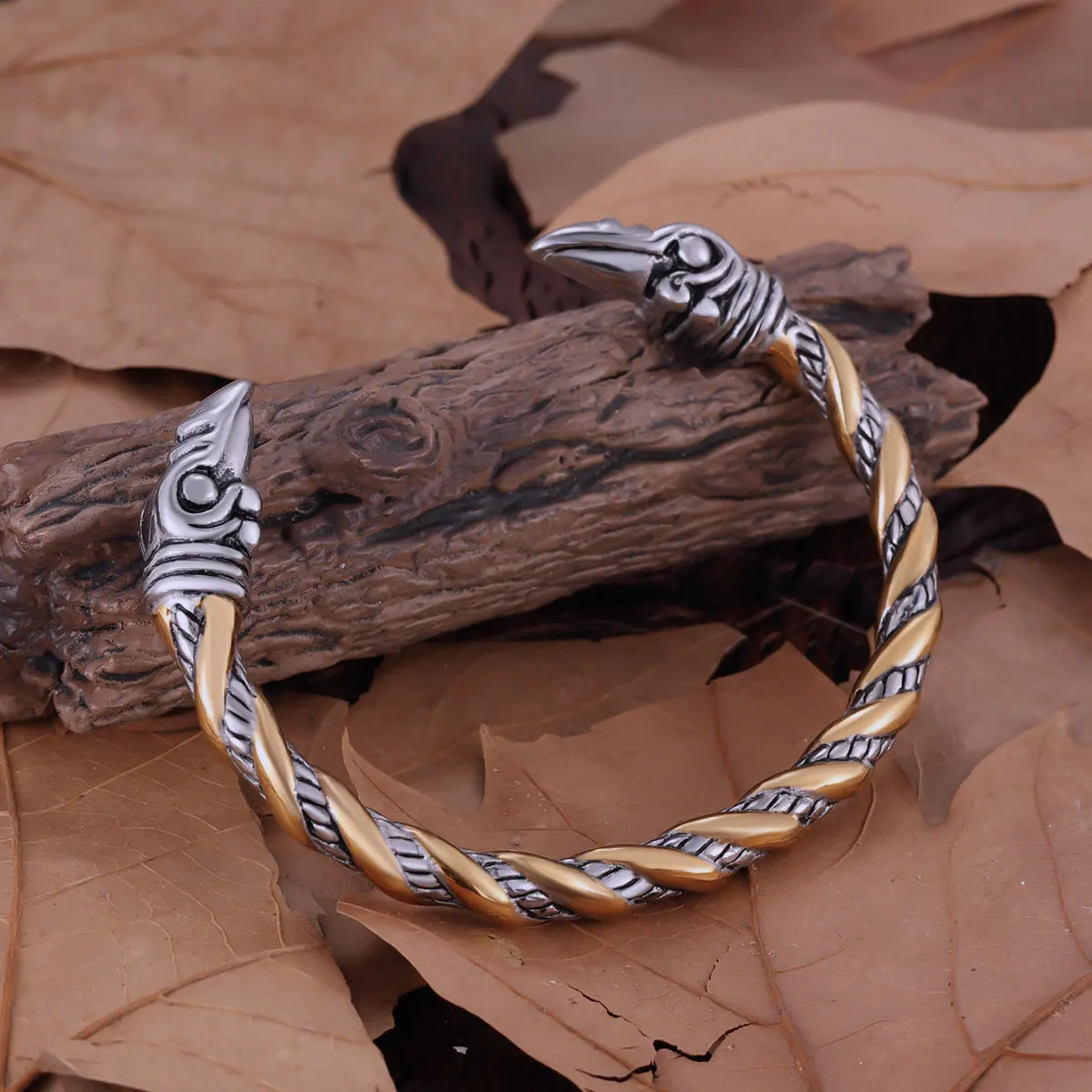 Vikings Stainless Steel Raven Head Bangle Jewelry Men's Biker Punk Hip Hop Creative Design Twist Cable Opening Bracelet