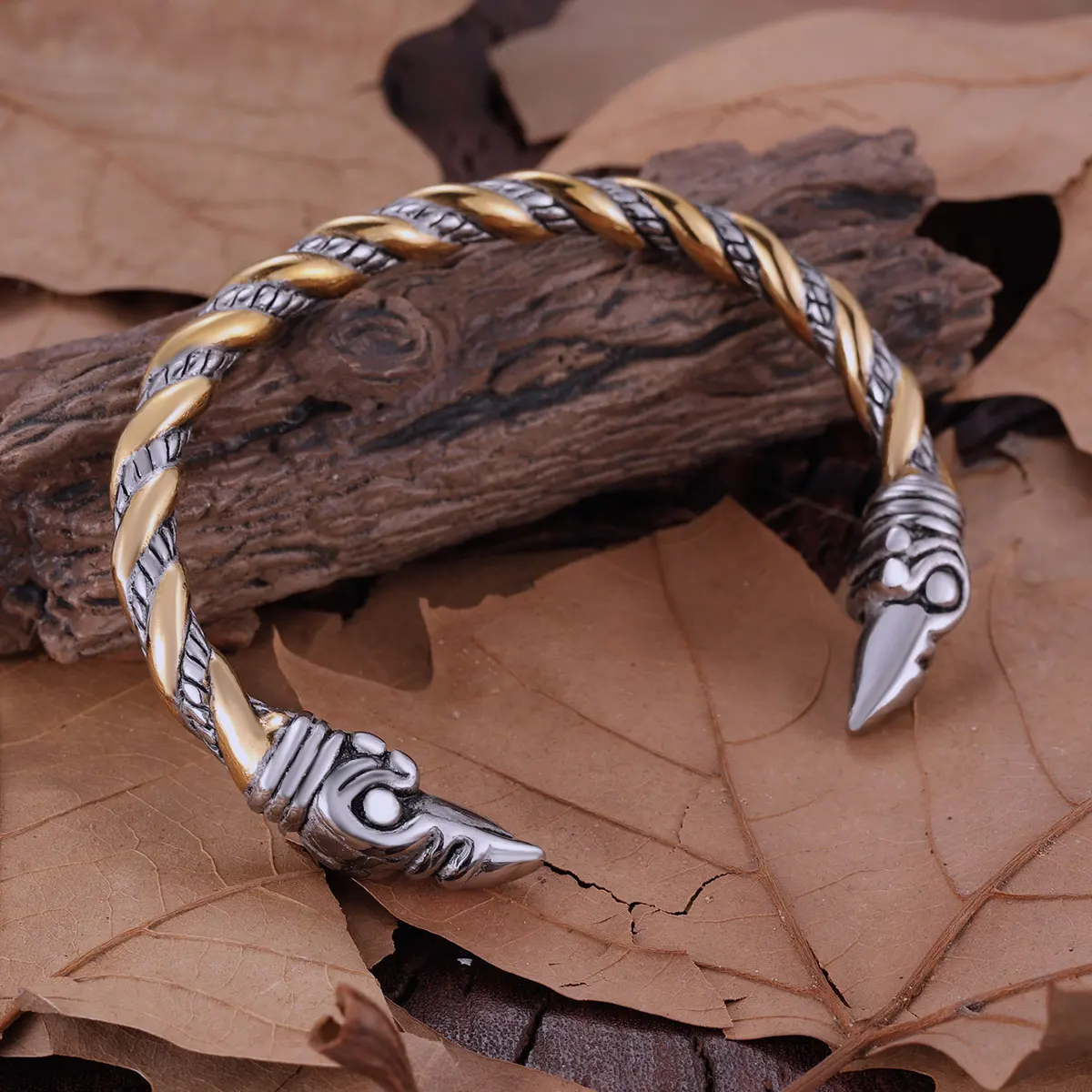 Vikings Stainless Steel Raven Head Bangle Jewelry Men's Biker Punk Hip Hop Creative Design Twist Cable Opening Bracelet