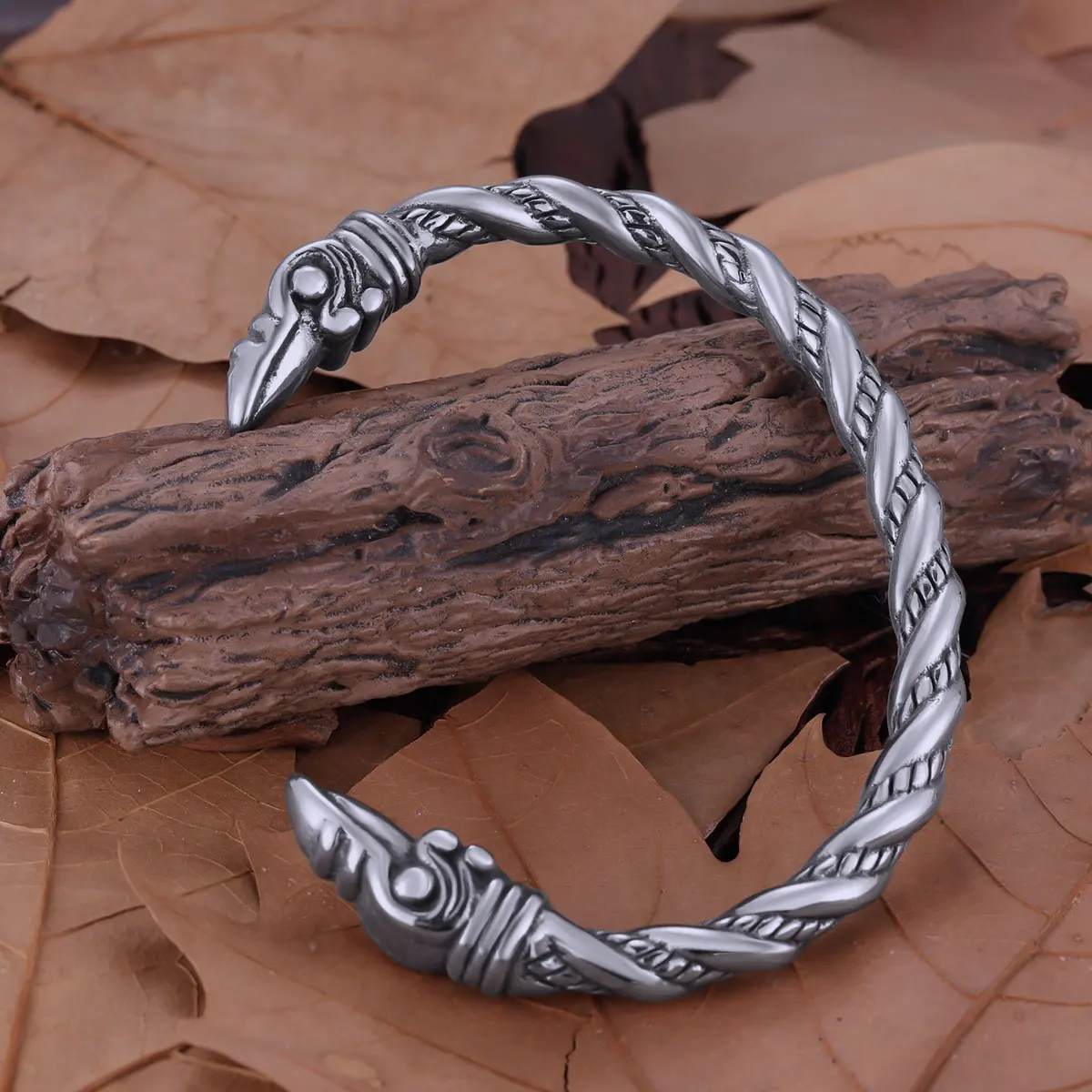 Vikings Stainless Steel Raven Head Bangle Jewelry Men's Biker Punk Hip Hop Creative Design Twist Cable Opening Bracelet