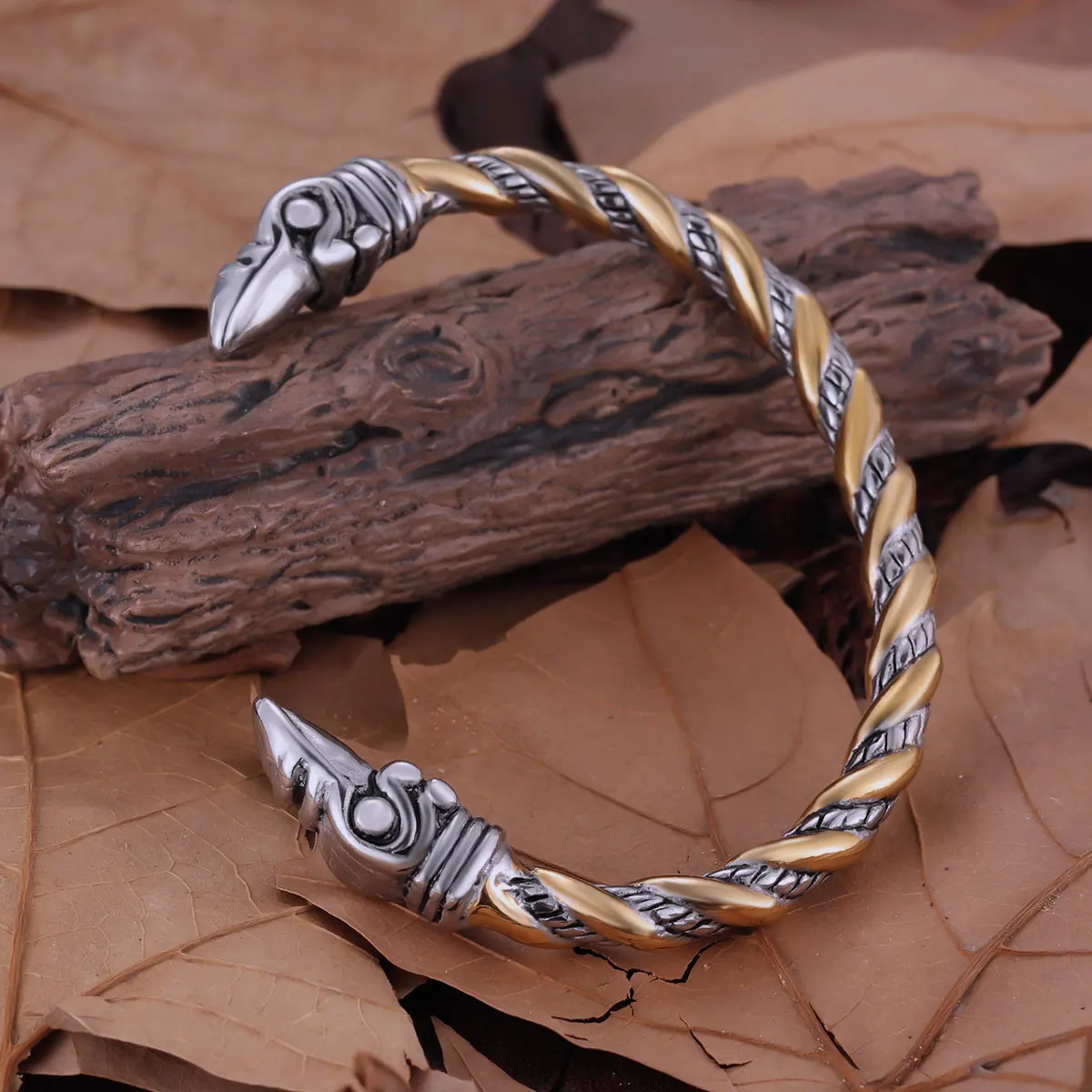 Vikings Stainless Steel Raven Head Bangle Jewelry Men's Biker Punk Hip Hop Creative Design Twist Cable Opening Bracelet