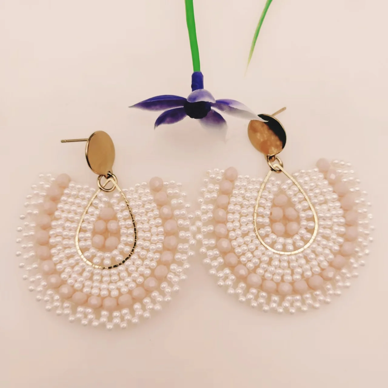 Beaded earrings Crystal Originality Water drop Alloy Graph Colour Hand knitting Bohemia Tide Simple Rice bead earrings