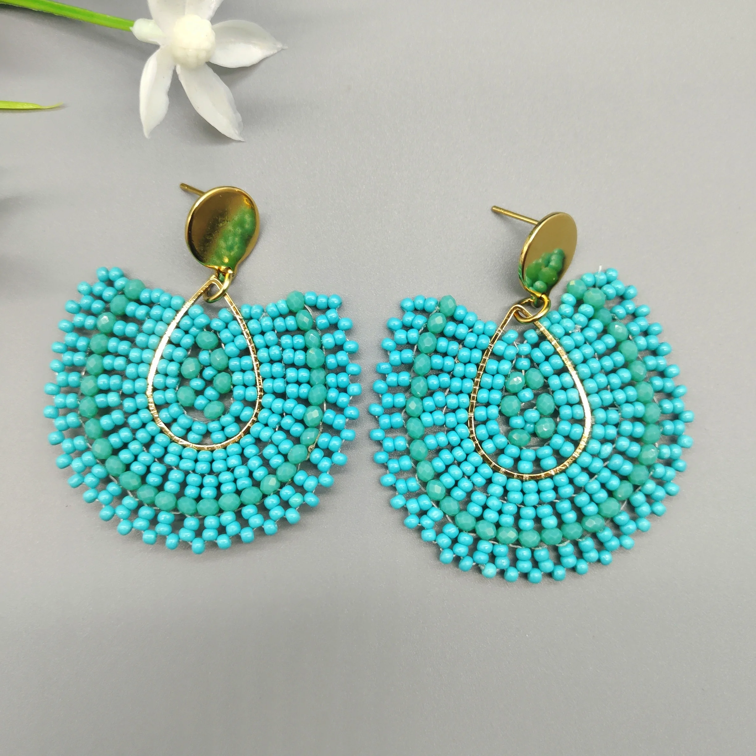 Beaded earrings Crystal Originality Water drop Alloy Graph Colour Hand knitting Bohemia Tide Simple Rice bead earrings