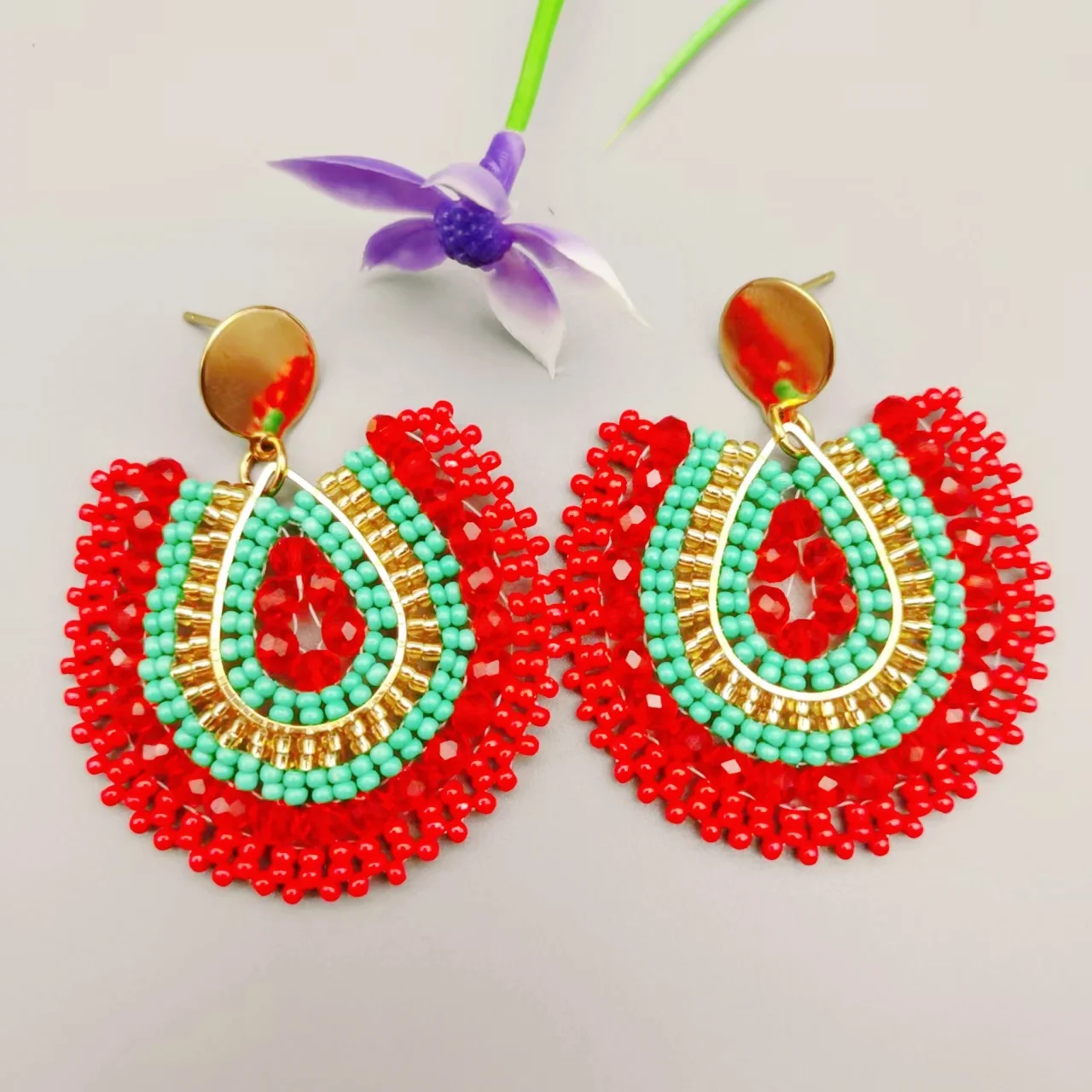 Beaded earrings Crystal Originality Water drop Alloy Graph Colour Hand knitting Bohemia Tide Simple Rice bead earrings