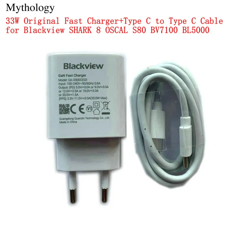 Fast Charger for Blackview SHARK 8 OSCAL S80 BV7100 BL5000 Original EU Plug Travel 33W Power Adapter Type C To Type C Cable