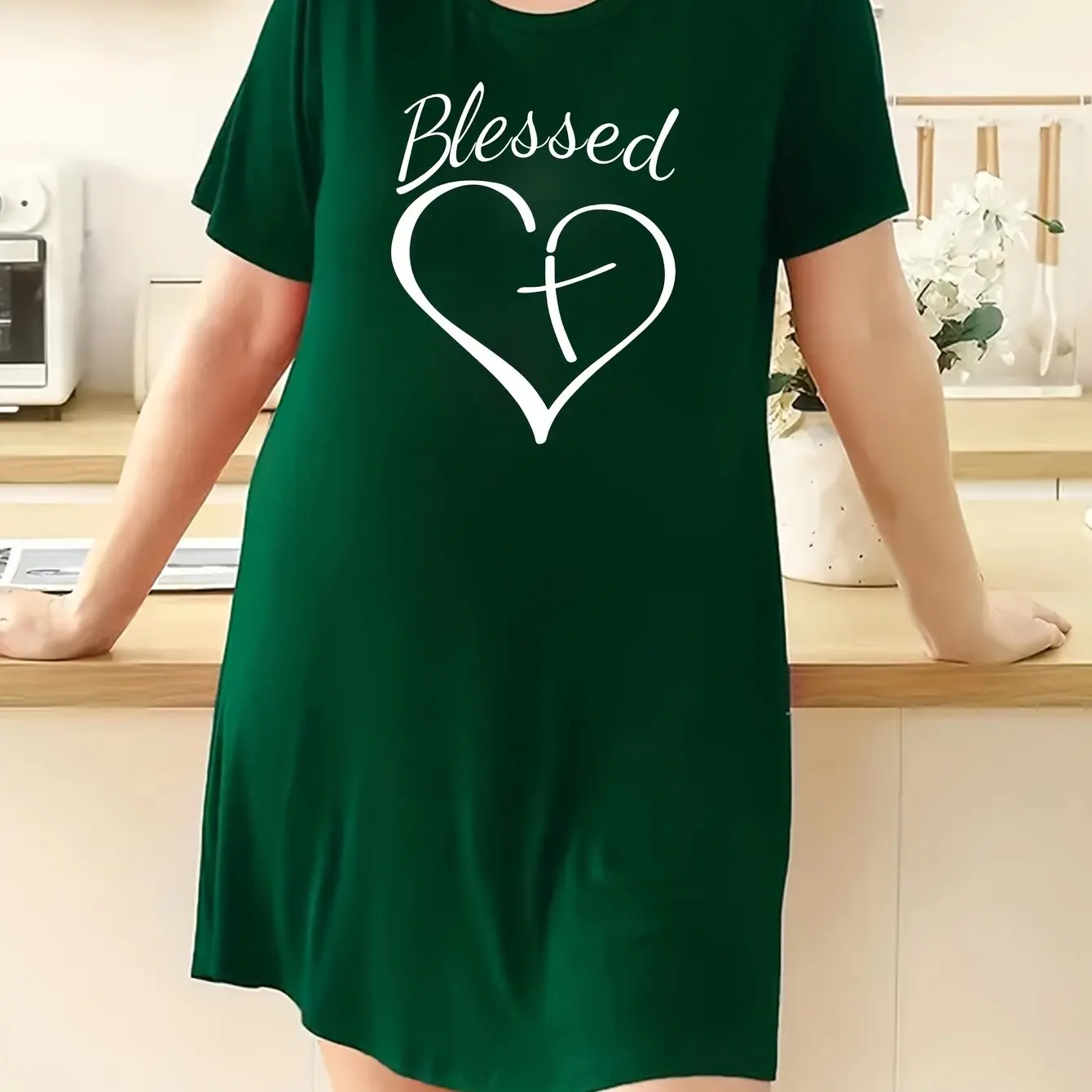 Women's Loose Homewear Plus Size Nightgown 3D Printed Heart Short Sleeve T-Shirt Tops Long Tops Micro Stretch Dresses